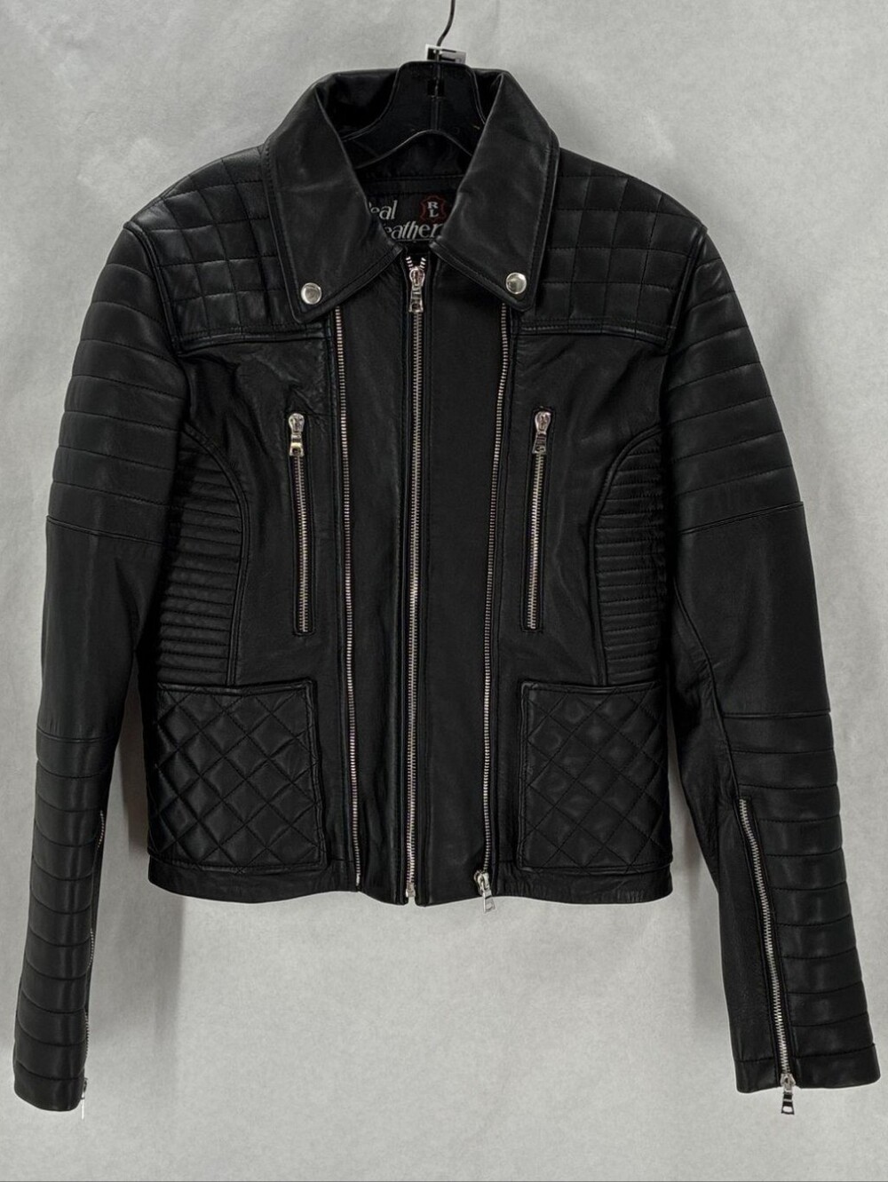 Women's Black Quilted Panel Lamb Nappa Leather Jacket